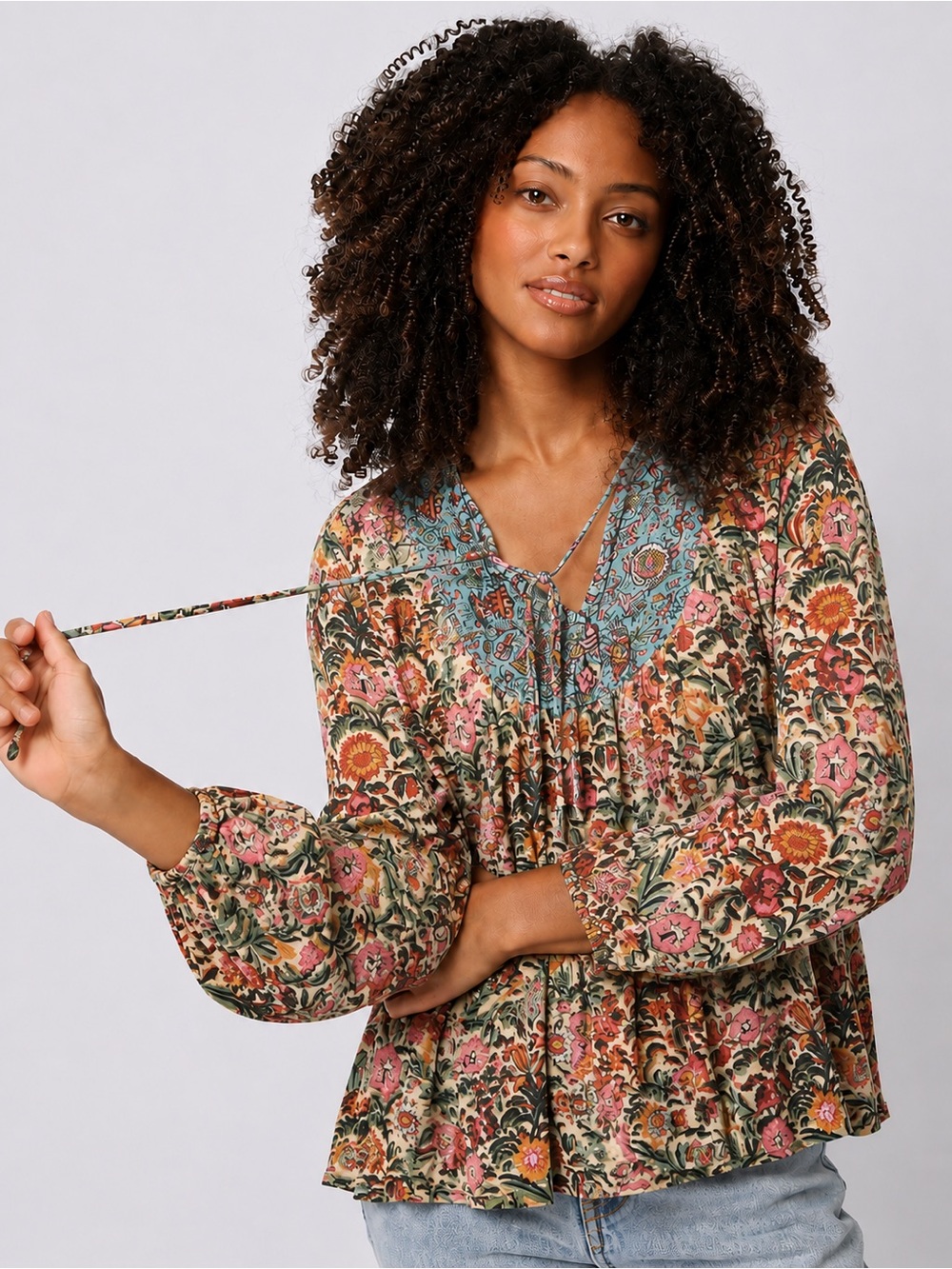 NATURAL LIFE Floral Boho Prairie Peasant Rowan Blouse Top Sz L